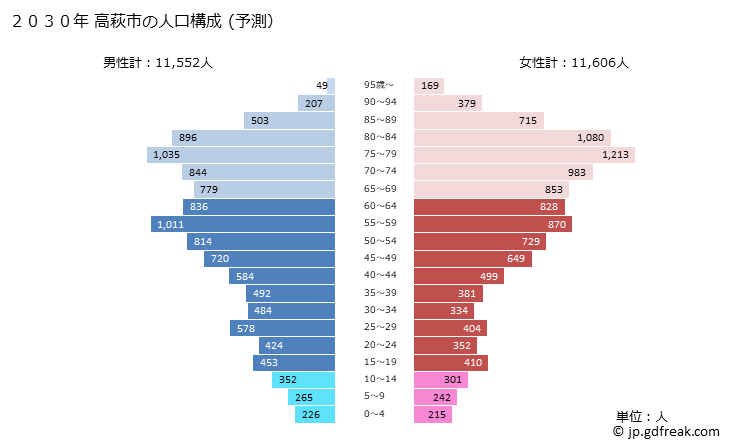 グラフ 高萩市(ﾀｶﾊｷﾞｼ 茨城県)の人口と世帯 2030年の人口ピラミッド（予測）