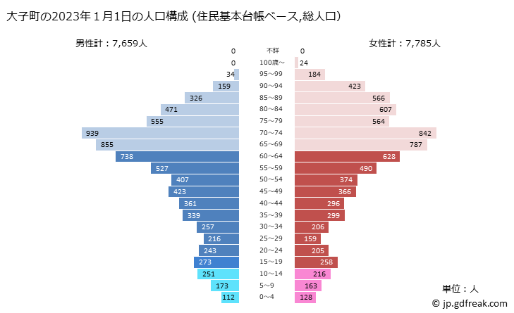 グラフ 大子町(ﾀﾞｲｺﾞﾏﾁ 茨城県)の人口と世帯 2023年の人口ピラミッド（住民基本台帳ベース）