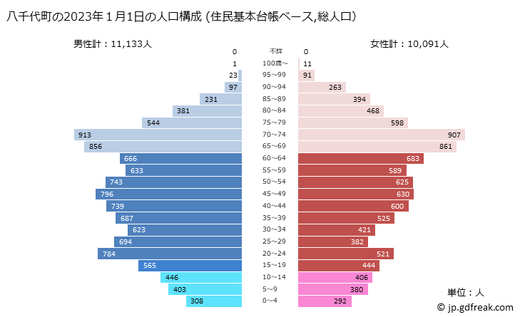 グラフ 八千代町(ﾔﾁﾖﾏﾁ 茨城県)の人口と世帯 2023年の人口ピラミッド（住民基本台帳ベース）