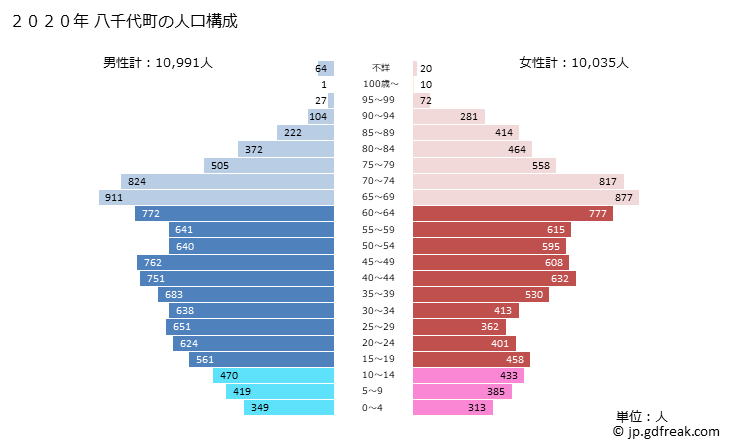 グラフ 八千代町(ﾔﾁﾖﾏﾁ 茨城県)の人口と世帯 2020年の人口ピラミッド