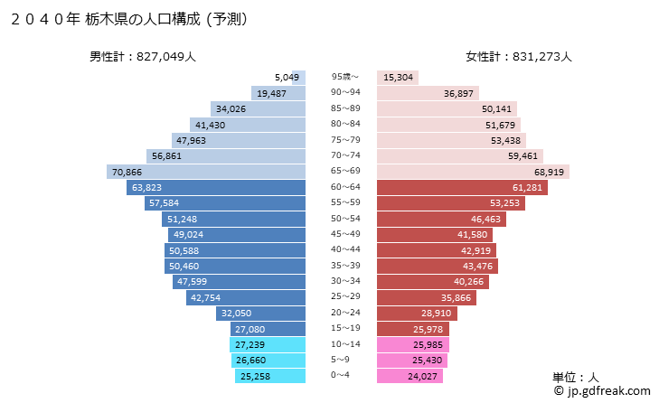 グラフ 栃木県の人口と世帯 2040年の人口ピラミッド（予測）