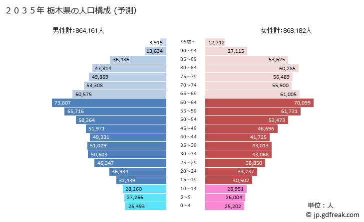 グラフ 栃木県の人口と世帯 2035年の人口ピラミッド（予測）