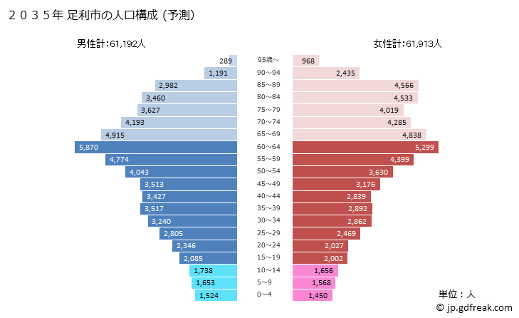 グラフ 足利市(ｱｼｶｶﾞｼ 栃木県)の人口と世帯 2035年の人口ピラミッド（予測）