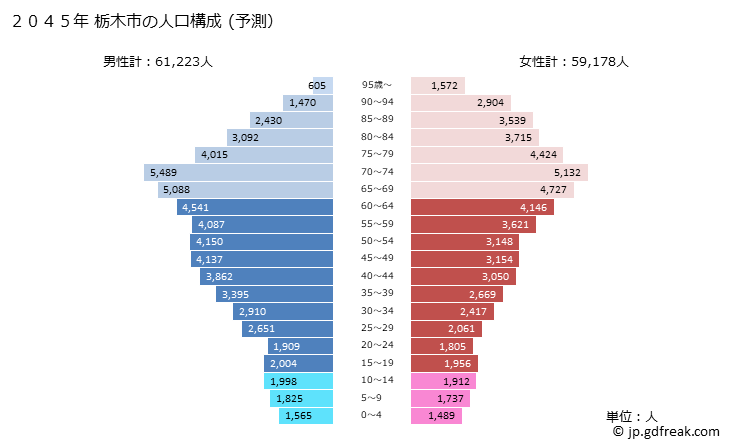 グラフ 栃木市(ﾄﾁｷﾞｼ 栃木県)の人口と世帯 2045年の人口ピラミッド（予測）