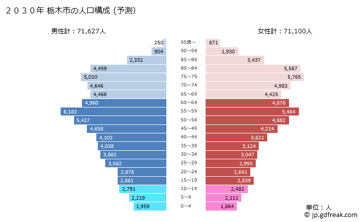 グラフ 栃木市(ﾄﾁｷﾞｼ 栃木県)の人口と世帯 2030年の人口ピラミッド（予測）