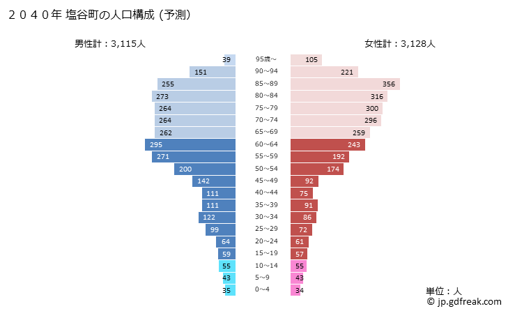 グラフ 塩谷町(ｼｵﾔﾏﾁ 栃木県)の人口と世帯 2040年の人口ピラミッド（予測）