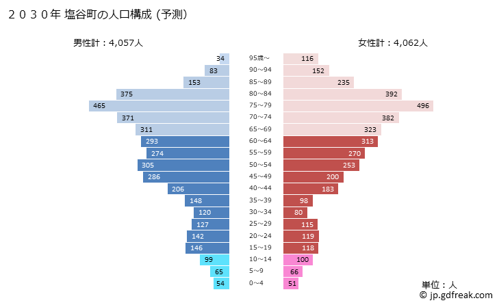 グラフ 塩谷町(ｼｵﾔﾏﾁ 栃木県)の人口と世帯 2030年の人口ピラミッド（予測）