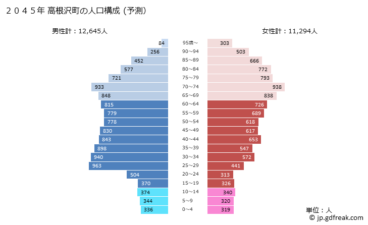 グラフ 高根沢町(ﾀｶﾈｻﾞﾜﾏﾁ 栃木県)の人口と世帯 2045年の人口ピラミッド（予測）