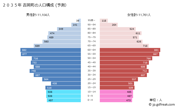 グラフ 吉岡町(ﾖｼｵｶﾏﾁ 群馬県)の人口と世帯 2035年の人口ピラミッド（予測）