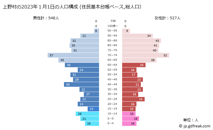 グラフ 上野村(ｳｴﾉﾑﾗ 群馬県)の人口と世帯 2023年の人口ピラミッド（住民基本台帳ベース）