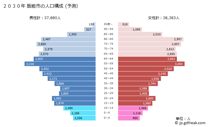 グラフ 飯能市(ﾊﾝﾉｳｼ 埼玉県)の人口と世帯 2030年の人口ピラミッド（予測）