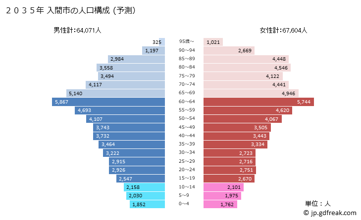 グラフ 入間市(ｲﾙﾏｼ 埼玉県)の人口と世帯 2035年の人口ピラミッド（予測）