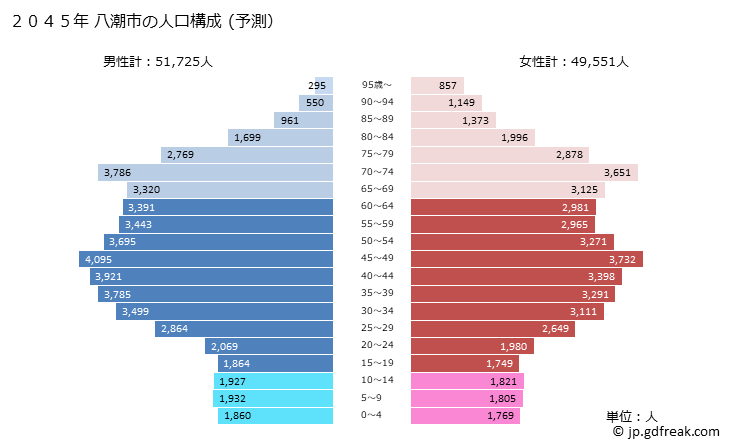 グラフ 八潮市(ﾔｼｵｼ 埼玉県)の人口と世帯 2045年の人口ピラミッド（予測）