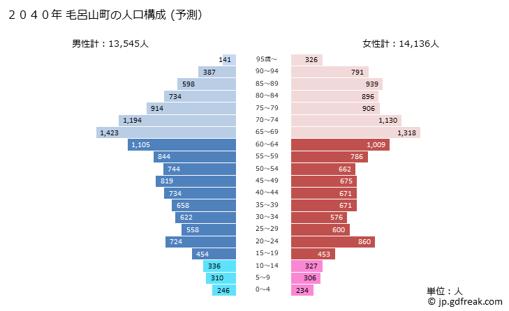 グラフ 毛呂山町(ﾓﾛﾔﾏﾏﾁ 埼玉県)の人口と世帯 2040年の人口ピラミッド（予測）
