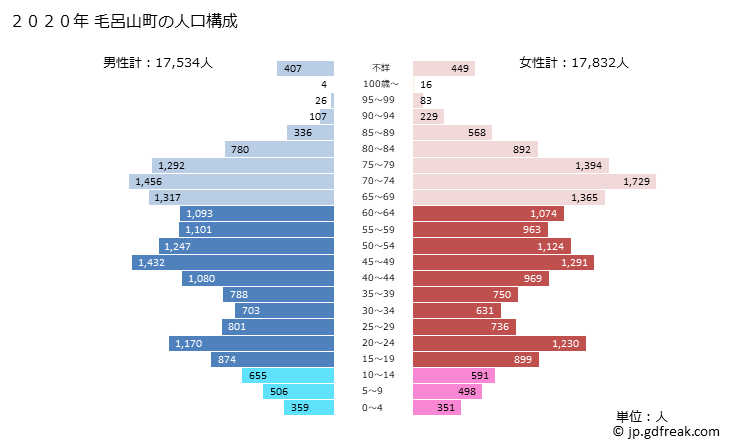 グラフ 毛呂山町(ﾓﾛﾔﾏﾏﾁ 埼玉県)の人口と世帯 2020年の人口ピラミッド