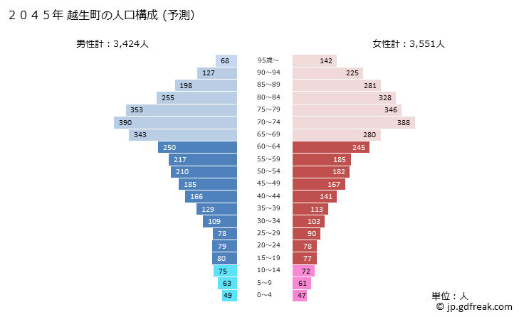 グラフ 越生町(ｵｺﾞｾﾏﾁ 埼玉県)の人口と世帯 2045年の人口ピラミッド（予測）