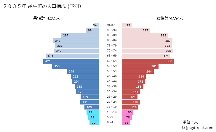 グラフ 越生町(ｵｺﾞｾﾏﾁ 埼玉県)の人口と世帯 2035年の人口ピラミッド（予測）