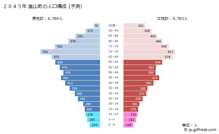 グラフ 嵐山町(ﾗﾝｻﾞﾝﾏﾁ 埼玉県)の人口と世帯 2045年の人口ピラミッド（予測）