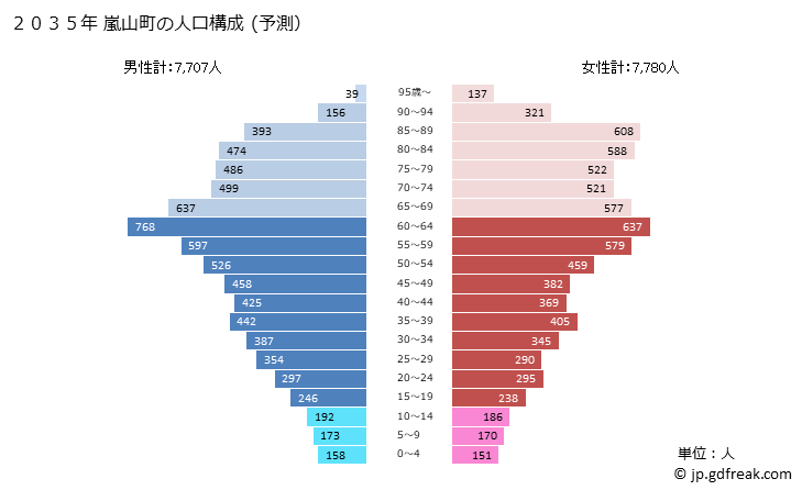 グラフ 嵐山町(ﾗﾝｻﾞﾝﾏﾁ 埼玉県)の人口と世帯 2035年の人口ピラミッド（予測）