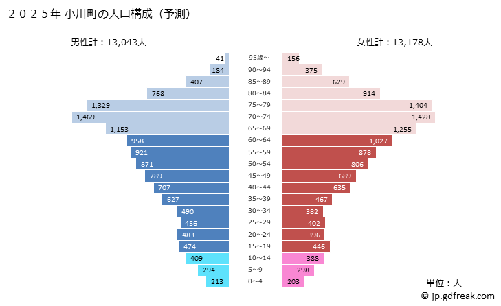 グラフ 小川町(ｵｶﾞﾜﾏﾁ 埼玉県)の人口と世帯 2025年の人口ピラミッド
