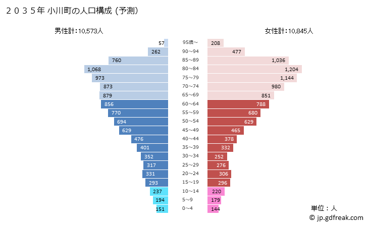 グラフ 小川町(ｵｶﾞﾜﾏﾁ 埼玉県)の人口と世帯 2035年の人口ピラミッド（予測）