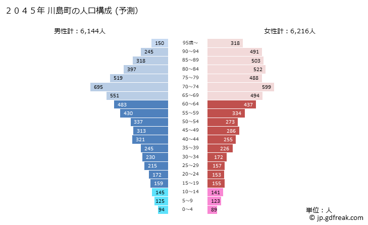 グラフ 川島町(ｶﾜｼﾞﾏﾏﾁ 埼玉県)の人口と世帯 2045年の人口ピラミッド（予測）