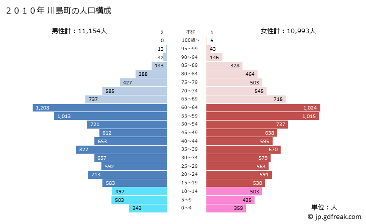 グラフ 川島町(ｶﾜｼﾞﾏﾏﾁ 埼玉県)の人口と世帯 2010年の人口ピラミッド