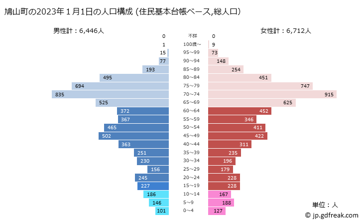 グラフ 鳩山町(ﾊﾄﾔﾏﾏﾁ 埼玉県)の人口と世帯 2023年の人口ピラミッド（住民基本台帳ベース）