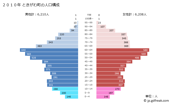 グラフ ときがわ町(ﾄｷｶﾞﾜﾏﾁ 埼玉県)の人口と世帯 2010年の人口ピラミッド