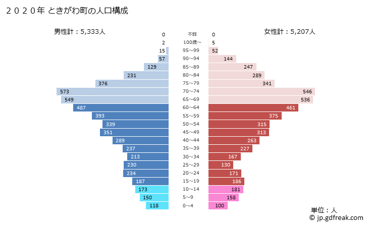 グラフ ときがわ町(ﾄｷｶﾞﾜﾏﾁ 埼玉県)の人口と世帯 2020年の人口ピラミッド