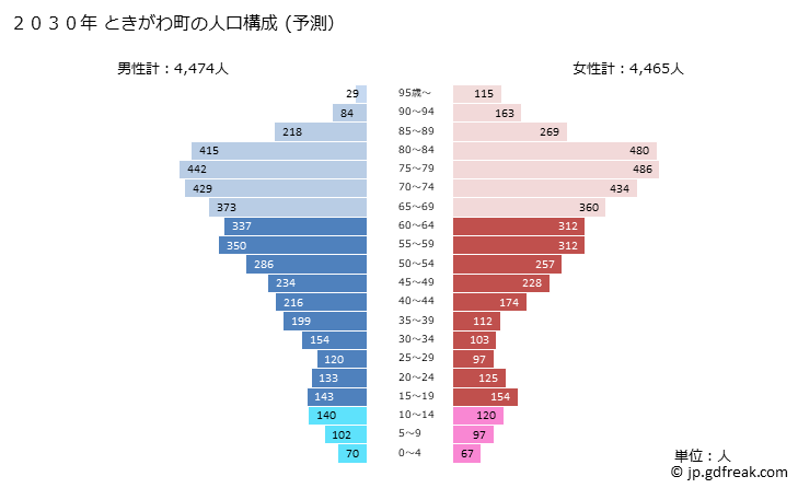 グラフ ときがわ町(ﾄｷｶﾞﾜﾏﾁ 埼玉県)の人口と世帯 2030年の人口ピラミッド（予測）