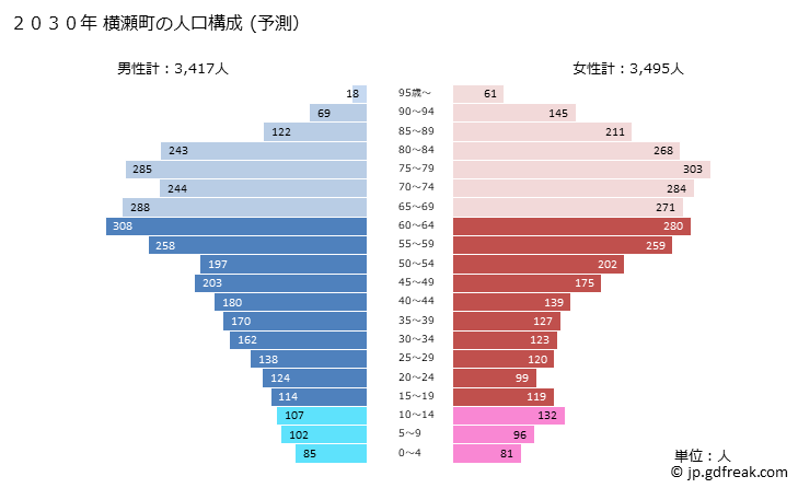 グラフ 横瀬町(ﾖｺｾﾞﾏﾁ 埼玉県)の人口と世帯 2030年の人口ピラミッド（予測）