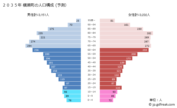 グラフ 横瀬町(ﾖｺｾﾞﾏﾁ 埼玉県)の人口と世帯 2035年の人口ピラミッド（予測）