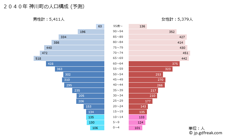 グラフ 神川町(ｶﾐｶﾜﾏﾁ 埼玉県)の人口と世帯 2040年の人口ピラミッド（予測）