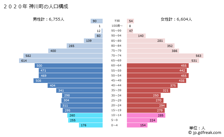 グラフ 神川町(ｶﾐｶﾜﾏﾁ 埼玉県)の人口と世帯 2020年の人口ピラミッド