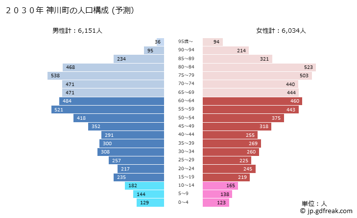 グラフ 神川町(ｶﾐｶﾜﾏﾁ 埼玉県)の人口と世帯 2030年の人口ピラミッド（予測）