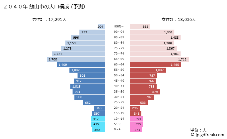 グラフ 館山市(ﾀﾃﾔﾏｼ 千葉県)の人口と世帯 2040年の人口ピラミッド（予測）