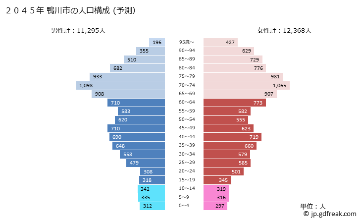 グラフ 鴨川市(ｶﾓｶﾞﾜｼ 千葉県)の人口と世帯 2045年の人口ピラミッド（予測）