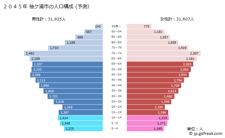 グラフ 袖ケ浦市(ｿﾃﾞｶﾞｳﾗｼ 千葉県)の人口と世帯 2045年の人口ピラミッド（予測）