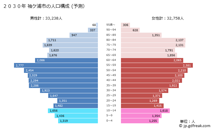 グラフ 袖ケ浦市(ｿﾃﾞｶﾞｳﾗｼ 千葉県)の人口と世帯 2030年の人口ピラミッド（予測）