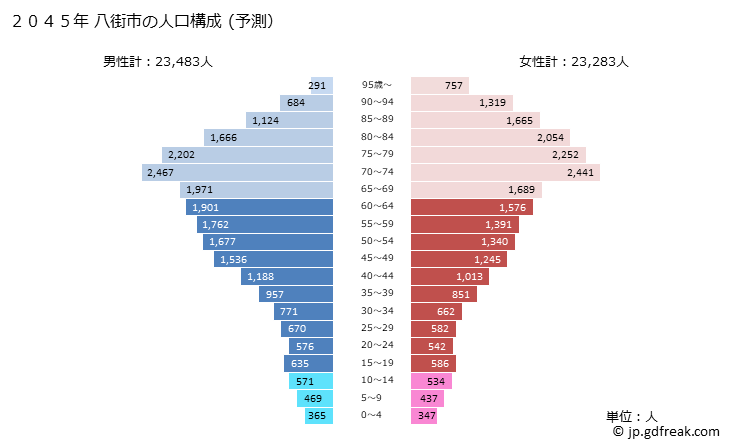 グラフ 八街市(ﾔﾁﾏﾀｼ 千葉県)の人口と世帯 2045年の人口ピラミッド（予測）