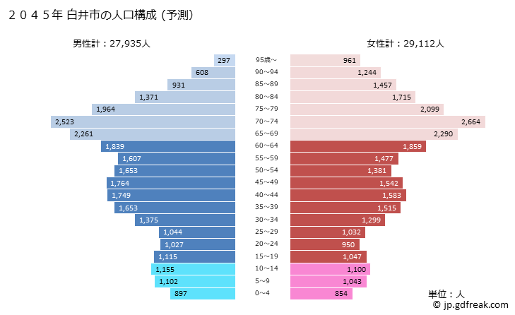 グラフ 白井市(ｼﾛｲｼ 千葉県)の人口と世帯 2045年の人口ピラミッド（予測）