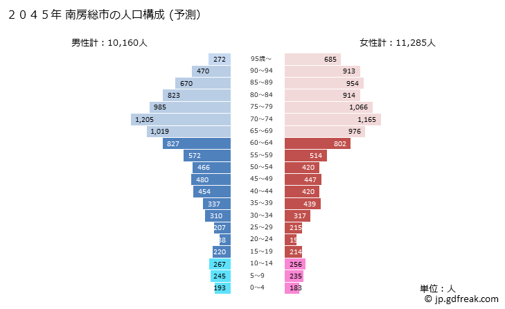 グラフ 南房総市(ﾐﾅﾐﾎﾞｳｿｳｼ 千葉県)の人口と世帯 2045年の人口ピラミッド（予測）