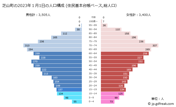 グラフ 芝山町(ｼﾊﾞﾔﾏﾏﾁ 千葉県)の人口と世帯 2023年の人口ピラミッド（住民基本台帳ベース）