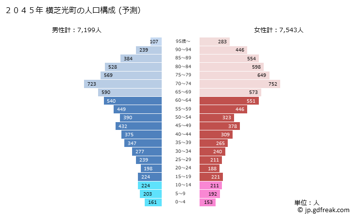 グラフ 横芝光町(ﾖｺｼﾊﾞﾋｶﾘﾏﾁ 千葉県)の人口と世帯 2045年の人口ピラミッド（予測）