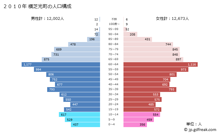 グラフ 横芝光町(ﾖｺｼﾊﾞﾋｶﾘﾏﾁ 千葉県)の人口と世帯 2010年の人口ピラミッド