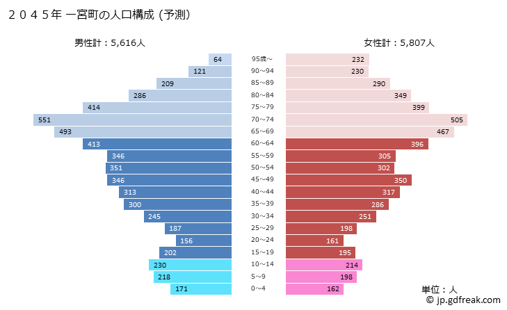 グラフ 一宮町(ｲﾁﾉﾐﾔﾏﾁ 千葉県)の人口と世帯 2045年の人口ピラミッド（予測）