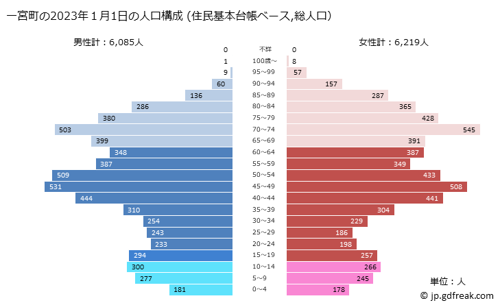 グラフ 一宮町(ｲﾁﾉﾐﾔﾏﾁ 千葉県)の人口と世帯 2023年の人口ピラミッド（住民基本台帳ベース）