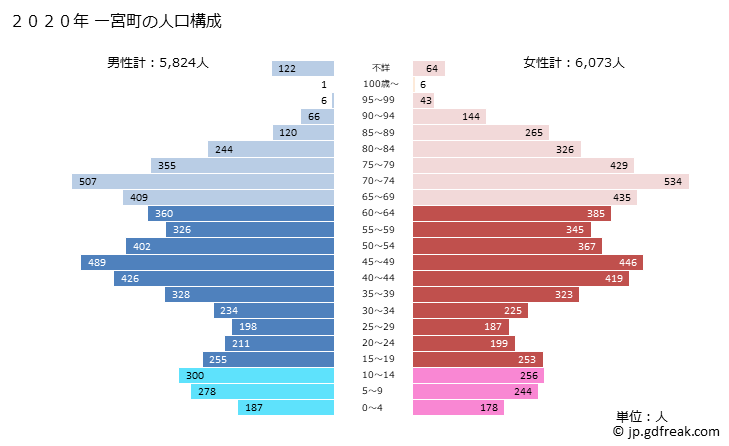 グラフ 一宮町(ｲﾁﾉﾐﾔﾏﾁ 千葉県)の人口と世帯 2020年の人口ピラミッド