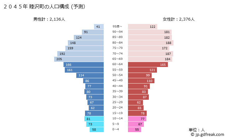 グラフ 睦沢町(ﾑﾂｻﾞﾜﾏﾁ 千葉県)の人口と世帯 2045年の人口ピラミッド（予測）